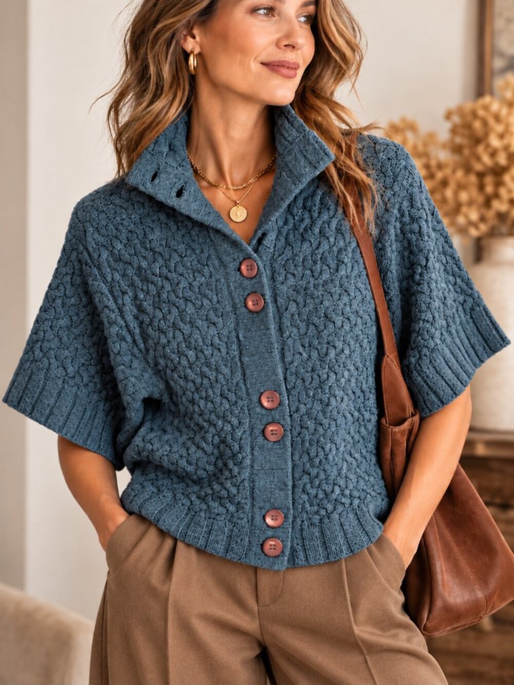 Pure New Wool Cable Knit Dolman Cardigan Teal XS Contemporaine Funnel Neck EUC